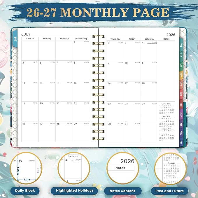 2026-2027 Planner - July 2026 - June 2027, Weekly Monthly Planner 2026-2027 with Colorful Tabs, 6.3" x 8.4", Floral, Twin-Wire Binding