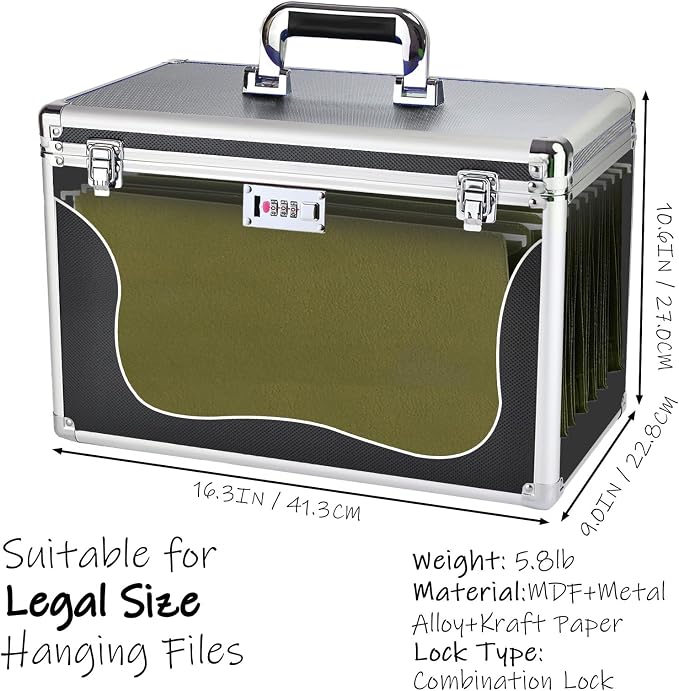 File Storage Cabinet for Legal Size Hanging File Folders, Suspension File Holder, Document Organizer Filing Lockbox in Office and Home with Combination Lock and 10-pack Hanging Files (Black, Legal)