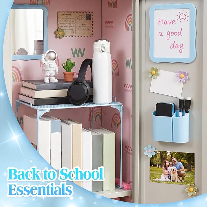 Colarr 16 Pcs Blue Locker Accessories for Girls Includes Magnetic Whiteboard & Mirror Locker Shelf Pen Holder 2 Dry Erase Marker & Eraser 9 Flowers for Back to School Essentials Decoration