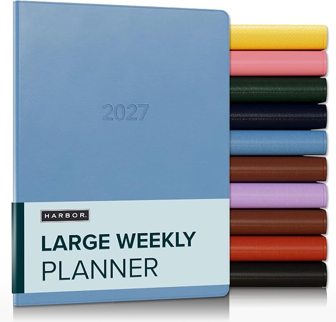 Harbor Large Weekly Monthly Planner 2027, Calendar Planner & Notebook - Durable Faux Leather, 192 Pages, Softcover & Book Bound - Cambridge Reef Blue - 9.75x7.5"