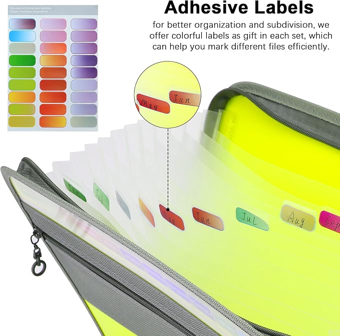 NAFY Expanding File Folders, 2Pack 13 Pockets Document Organizer with Zipper, A4 Letter Size Portable Accordion Expanding File Folders with Multicolor Labels for Office School Supplies (Black+Green)