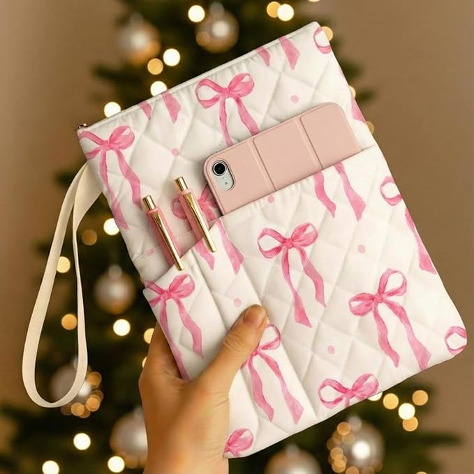 Gilprop Bible Book Sleeve with Zipper 11" x 9" Padded Protector Washable Quilted Book Covers Pink Bow Printed Bible Pouch with Handle Pockets Protector for Books Lover Christian Gifts