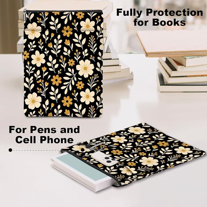 Book Sleeve Book Lovers Gifts Waterproof Books Pouch Protector Cover Reading Accessories Gifts for Women Girls Bookworm Sister Reader Librarian Birthday Anniversary Christmas, Aesthetic Floral