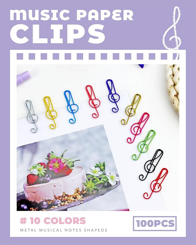 100 Pcs Music Paper Clips, Metal Musical Notes Shaped Bookmark Clips for Desk Bookmark Office School Notebook (10 Colors)