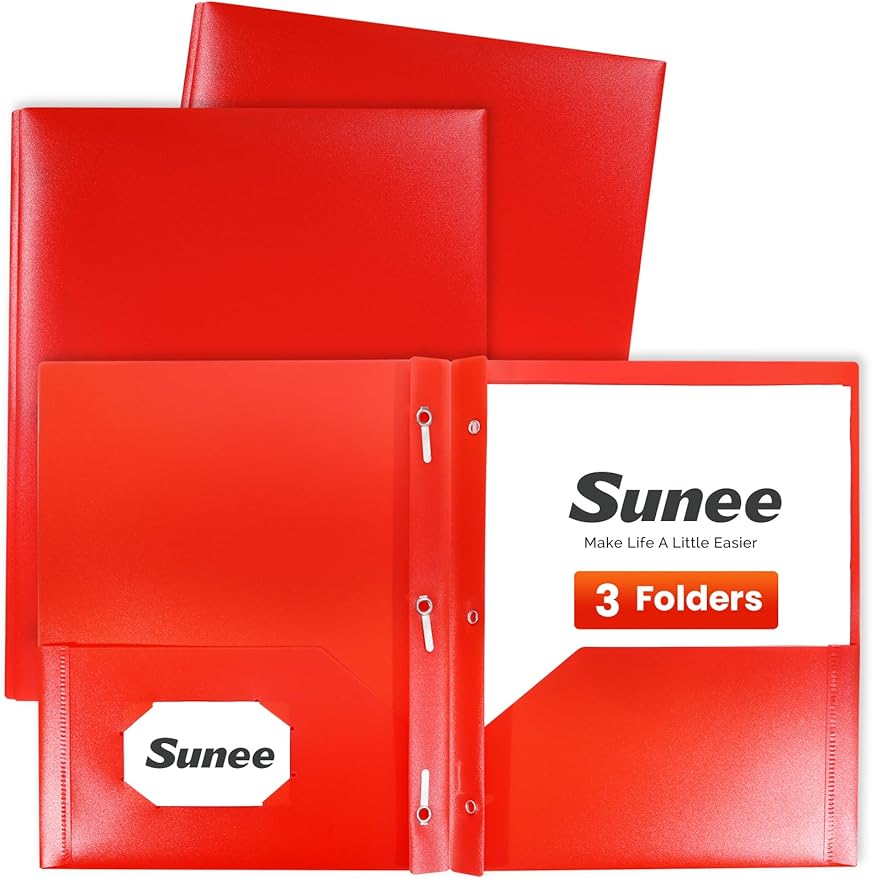 SUNEE 2 Pocket Folders with Prongs (3 Pack, Red) Plastic Folders with Pockets and Prongs Fit Letter Size, Poly Folders with Pockets for School Office Home Business