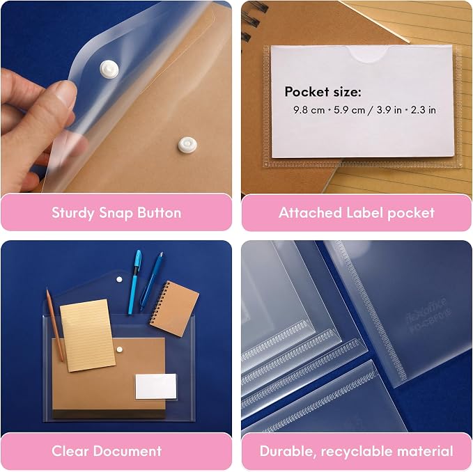 FLEXOFFICE 30 Pack Plastic Envelopes with Snap Closure & Label Pocket, 5 Colors, Reusable Poly Envelopes Waterproof for A4, US Letter Size, Important Document