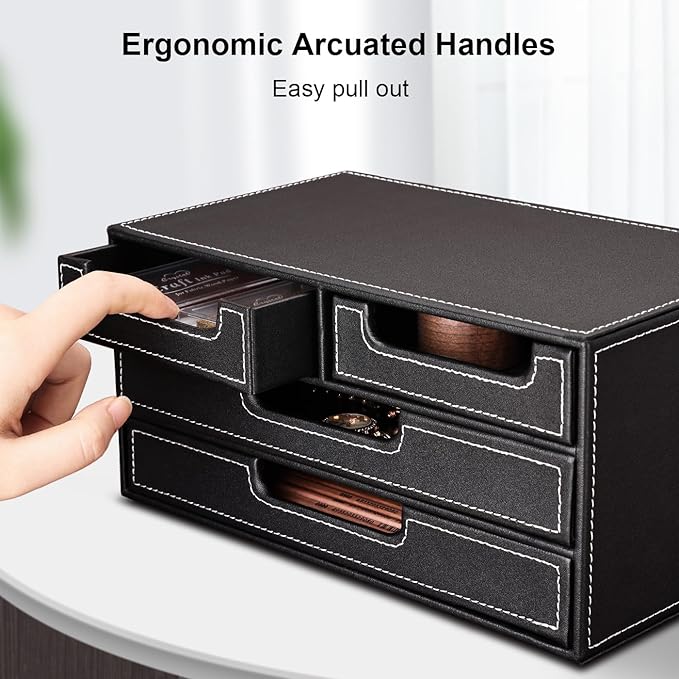 KINGFOM PU Leather Desk Organizer with 4 Drawers Small, Desktop Organizer Drawer for Office Supplies Accessories, Stationery Storage Box Bills Collection Holder Black