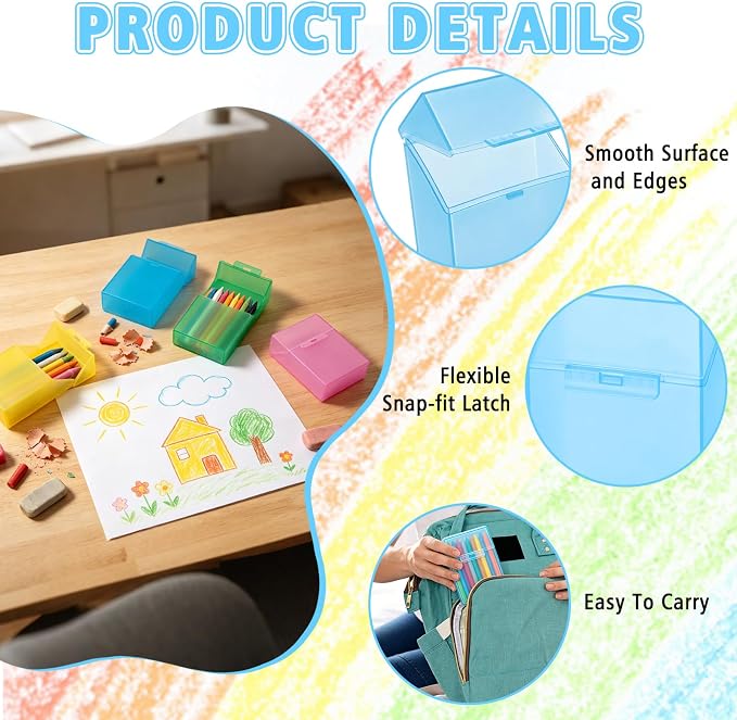 5 Pieces Plastic Crayon Box Clear Crayon Holder Case 24 Crayons with Hinged Lid and Snap Closure for School Classroom Office Art Craft Supply (5 PCS, Multicolored)