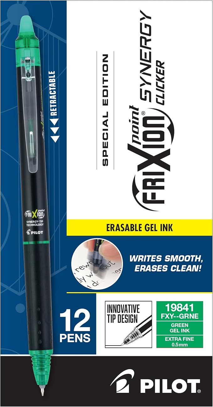 Pilot, FriXion Synergy Clicker Erasable, Refillable, Retractable Gel Ink Pens, Extra Fine Point 0.5 mm, Pack of 12, Green Ink