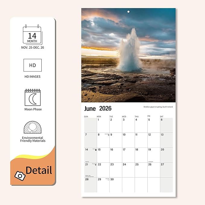 Wall Calendar 2026 Planner Calendar - Amazing nature Hangable Monthly Wall Calendar with Large Blocks for Organizing & Planning, Academic Schedule, Home, Office & family, Thick & Sturdy Paper (12"x24" Open)