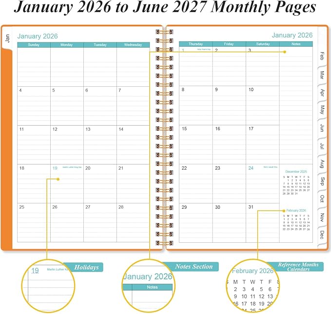 2026-2027 Monthly Planner - January 2026 - June 2027, Two Pages Per Month, 18 Monthly Calendar/Planner with Tabs, Inner Pocket, 6.4" x 8.5", Orange