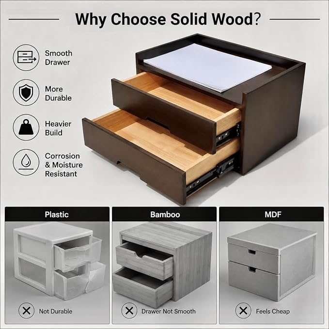 Solid Wood Desk Organizer with Drawers, Wooden Desk Storage Organizer with Smooth Slides, Filing A4 Paper File Organizer for Home Office, Bedroom & Makeup, Fully Assembled, Walnut Finish