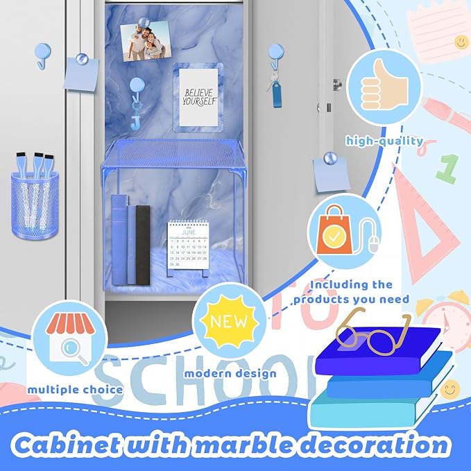 Demonwer Blue Locker Accessories Kit Locker Organizer Magnetic Mirror Whiteboard Pen Holder Small Carpet for Storage Organizing Shelf Back to School Party Supply