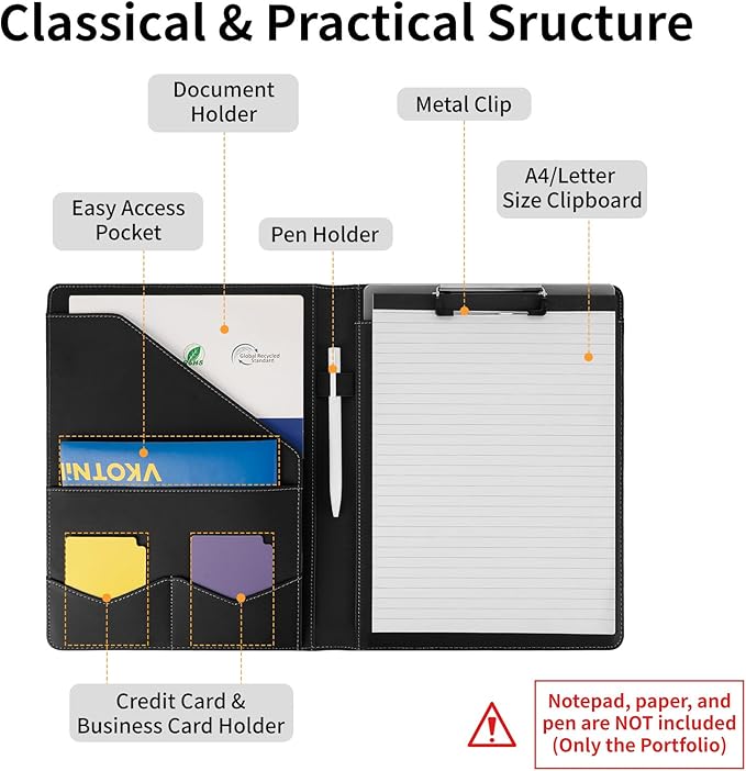 Professional Padfolio with Clipboard,Faux Leather Portfolio Folder Binder,Letter Size A4 Legal Writing Pad Holder for Business School Office Conference Notepad Clip Boards