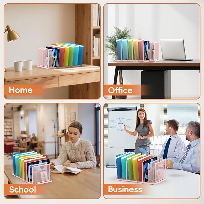 Desk File Organizer, 7 Section Vertical Metal File Organizer for Desk, Desktop File Organizer Stand, Paper Folder Organizer for Office Home Classroom Storage (Pink, 7 Section)