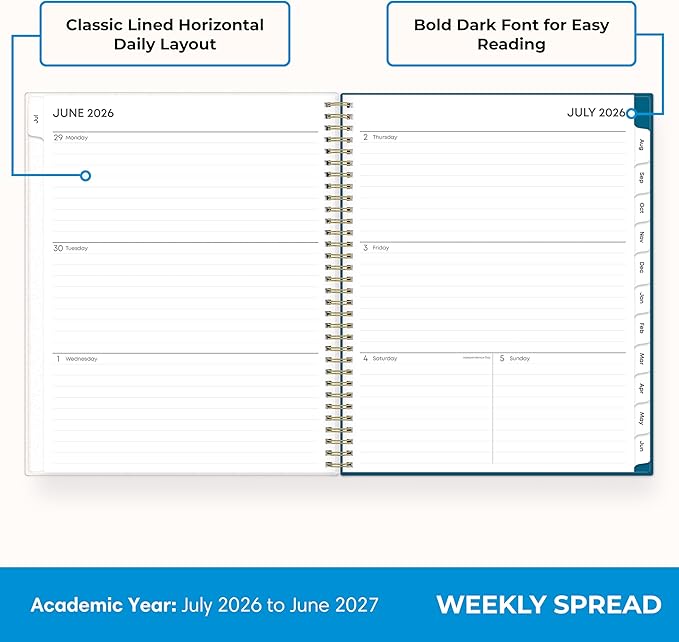 Blue Sky 2026-2027 Weekly and Monthly Academic Year Planner Calendar, July 2026 - June 2027, 8.5" x 11", Flexible Cover, Wirebound, Storage Pocket, Bakah Blue