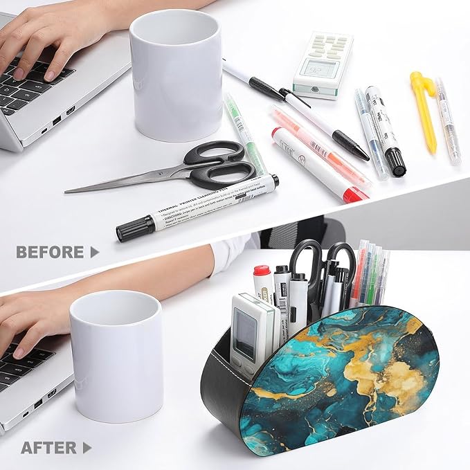 Remote Control Holder,Turquoise And Gold Printed PU Leather Remote Caddy Desktop Organizer with 5 Compartments for Media Accessories & Office Supplies Storage
