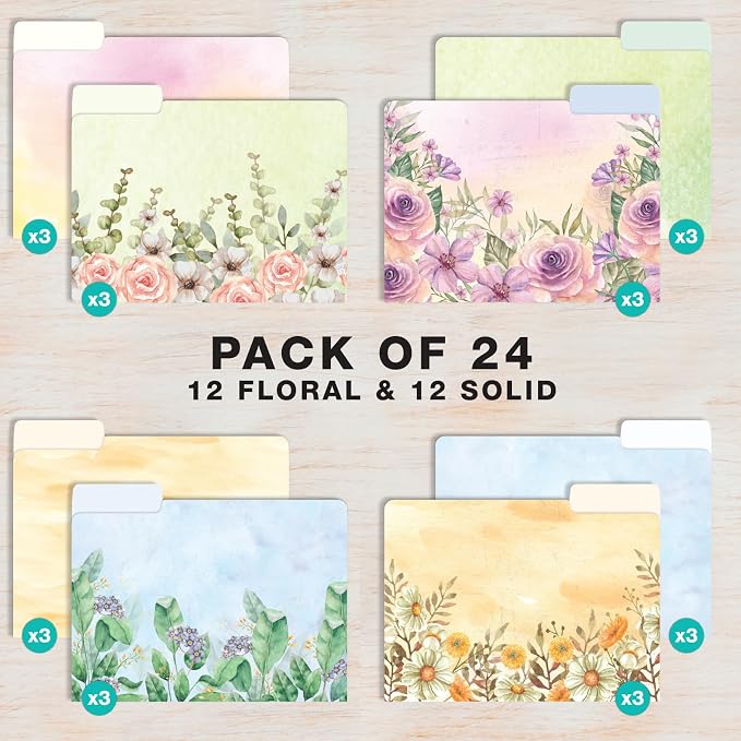 Global Printed Products Deluxe Designer Printed File Folders, 1/3 Cut Tab, Assorted Positions, Letter Size, 24/pk (Watercolor Floral)