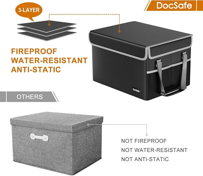 DocSafe File Box Fireproof File Storage Organizer with Lid,Collapsible Document Storage Filing Case for Hanging Letter/Legal Folders,Portable Home Office Safe Cabinet with Handle,Black,2 Pack