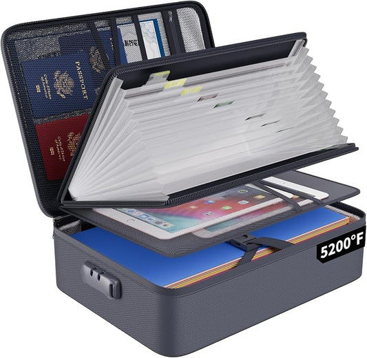 ENGPOW 5200℉ Fireproof File Organizer Bag with 13 Pocket Accordion File Folder,Document Organizer Box with Lock&Labels,Multi-Layer Portable Home Travel Safe Storage Box for Important Documents,Gray