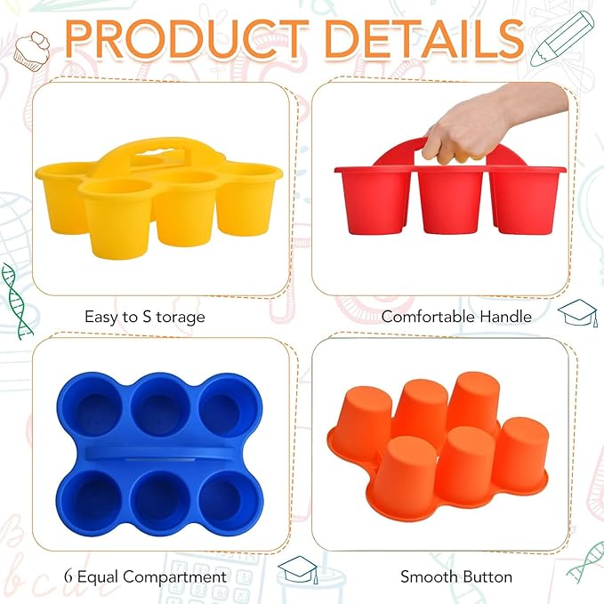 4 Pack Classroom Caddy Storage Basket with Handle, Plastic Drink Cup Caddy Holder, 6 Compartments for Kids, Table, Office, Arts, Crafts, Crayon, Marker, Pencil, School Supplies - Assorted Colors