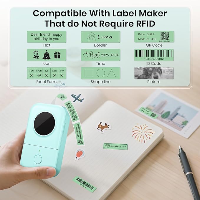 480 PCS D30 Label Maker Tape 0.47" × 1.57" (12 × 40 mm) Vinyl Waterproof Thermal Stickers Self-Adhesive Decals for Retail Office Home School Green