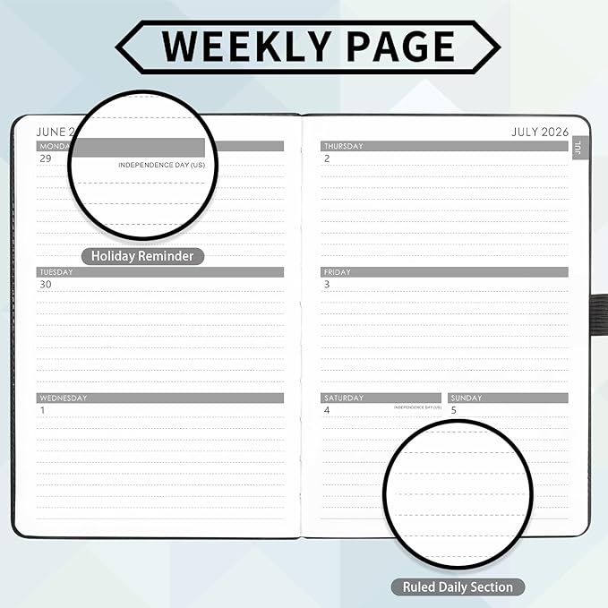 2026-2027 Planner - Academic Planner 2026-2027 Weekly Monthly Planner, July 2026 - June 2027, 5.7'' x 8.4'', Thick Paper, Leather Cover, Pen Holder, Back Pocket, Perfect Daily Organizer- Grey