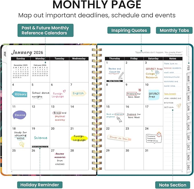 2026 Planner, Weekly and Monthly Calendar Planner for Women, Jan 2026 - Dec 2026, Hardcover Planning Agenda book with Tabs, Spiral Bound, Inner Pocket, Perfect for School Office Supplies, 6.3" x 8.5" - Tropical Palms