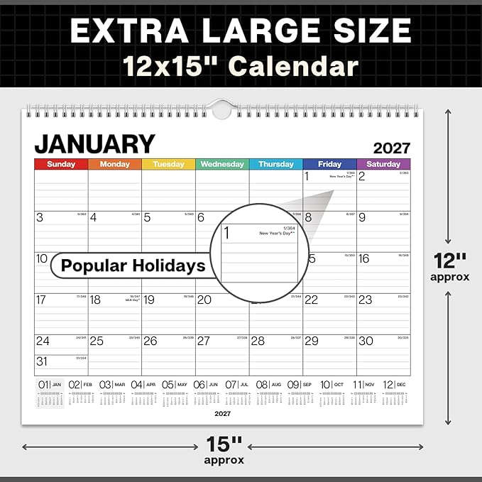 Dunwell 12x15 Wall Academic Calendar 2026-2027 (Colorful), Use July 2026 to December 2027, Large Lined 12 x 15 Monthly Hanging Calendar, Professional Styling for Home Office or School, Premium Paper