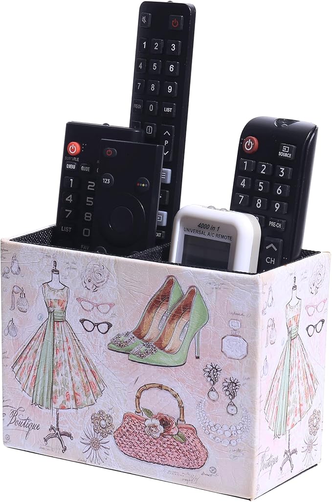 Decorative Remote Control Holder, Leather TV Remoter Caddy Storage Box Desktop Organizer Makeup Brush Pen Holder Storage Fits TV Remotes, Media Controllers, Office Supplies (Vintage Dress Pattern)