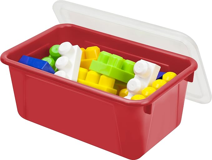 Storex Small Cubby Bins – Plastic Storage Containers for Classroom with Non-Snap Lid, 12.2 x 7.8 x 5.1 inches, Red, 5-Pack (62407A05C)