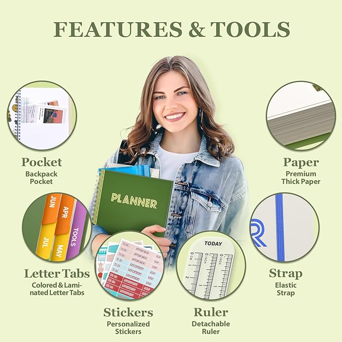 19 Months Planner, 2026 Weekly & Monthly Planner, 8.5"×11" Daily Weekly Monthly Calendar Planner, June 2025-Dec 2026 Organizers with Habit Tracker for School & Office, Colored Tabs, Stickers, Pocket, Ruler Bookmark-Green