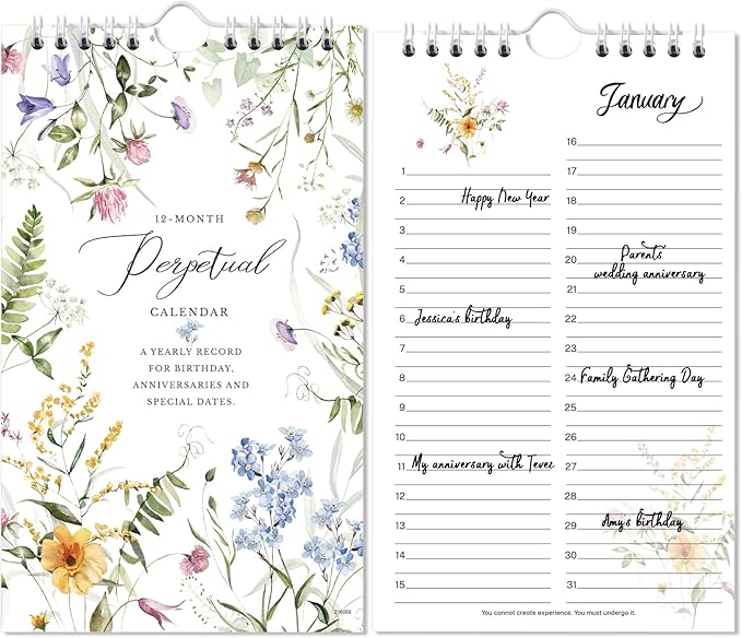 Perpetual Calendar - Undated Calendar 12-Month, 6'' x 10'' with Twin-wire Binding, Thicker Paper, Perpetual Calendars for Birthday, Anniversaries, Important Days, Festivals Reminder