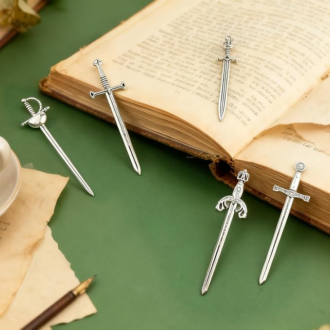 5 Pcs Silver Sword Bookmark, Mini Antique Swords Charms & Knife Bookmark, Zinc Alloy Mini Swords for Jewelry Making, Reading Bookmarks for Book Lovers
