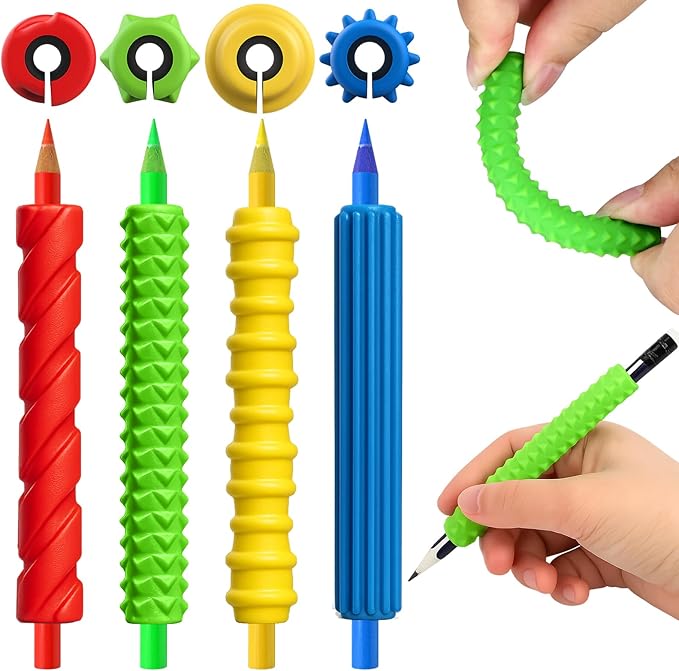 BUSOHA 4 Pack Textured Silicone Pencil Grips - Sensory Fidget Textured Squishy Pencil Grips Handwriting ADHD Tools for Anxiety Relief Items Stocking Stuffers Gift