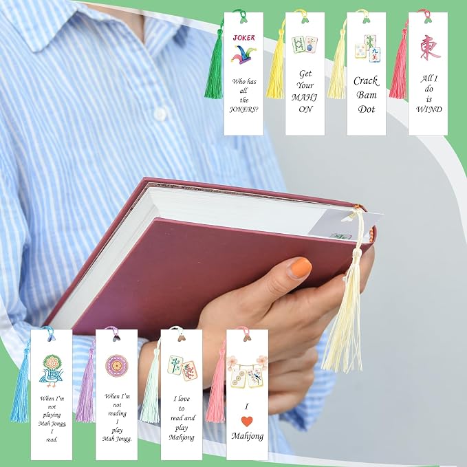 Resurhang 24 Pcs Mahjong Bookmark Set with Tassels Double Sided Vintage Mahjong Style Art Page Markers Lovers Gift for Readers Book Lovers
