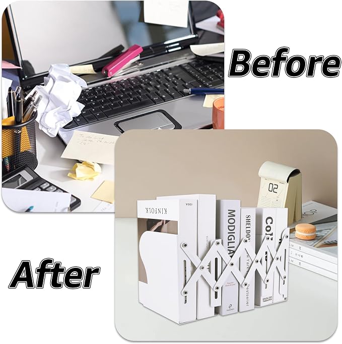 SHUESS 2 Pack Adjustable Bookends, Expandable Metal Book Holder With 2 Dividers, White Stoppers for Heavy Duty Books, Desk Ends for Shelves, Office & School