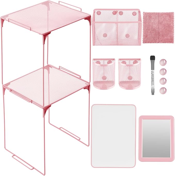Ctosree 13 Pcs Locker Organizer and Accessories Kit Stackable Mesh Locker Shelf, Pen Holder, Magnetic Mirror, Whiteboard, Cloth, Marker, Magnet for Classroom Back to School Essentials(Pink)