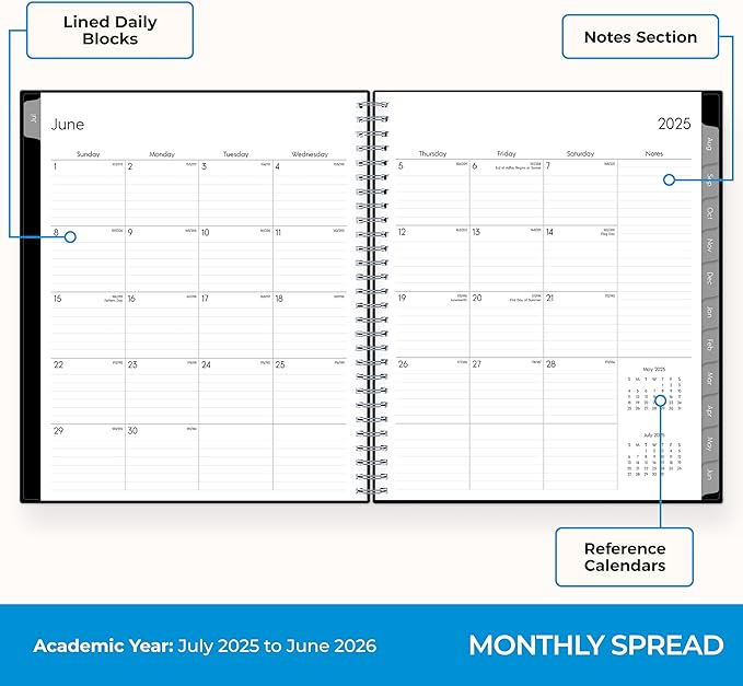 Blue Sky 2025-2026 Monthly Academic Year Planner Calendar, July 2025 - June 2026, 8" x 10", Monthly Layout, Flexible Cover, Wirebound, Laminated Tabs, Enterprise