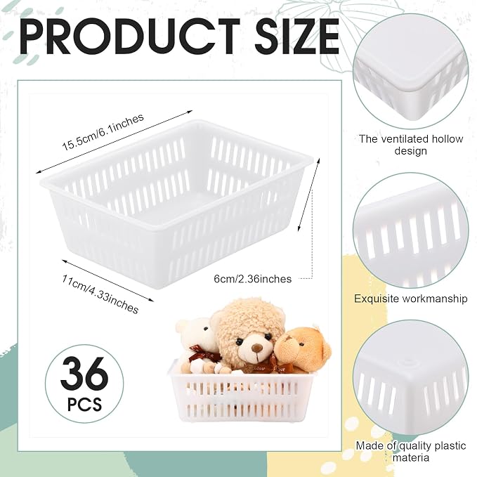 Sherr 36 Pack Classroom Storage Basket Small Plastic Basket for Organizing Crayon Pencil Container Storage Bin Tray Holder for Paper Shelf Back to School Office Supply 6.1" l x 4.3" w x 2.4" h(White)