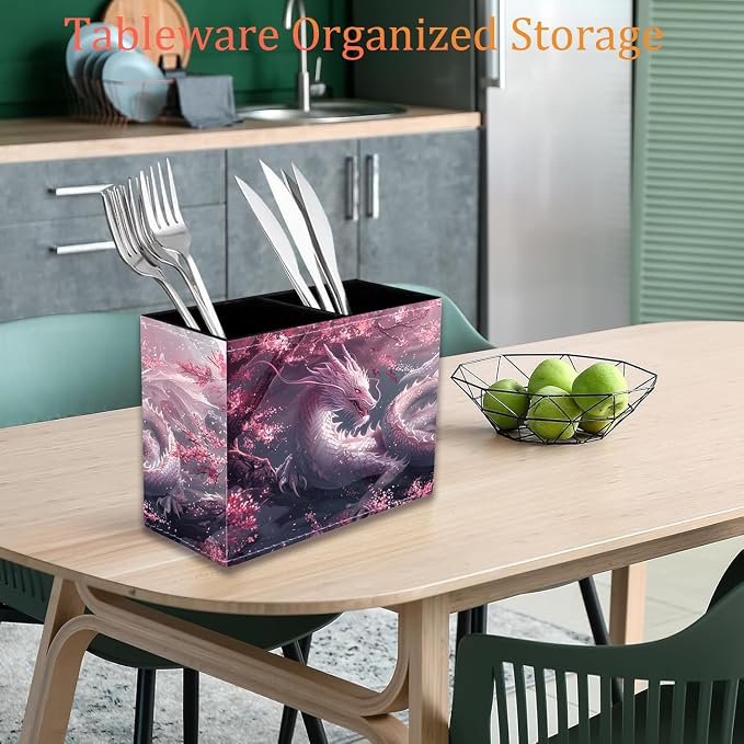 Pen Holder for Desk, PU Leather Multifunctional Desktop Storage Box and Anti-Slip Mouse Pad Set, Makeup Brush Holder Pen Organizer for Office and Home - Cherry Pink Dragon
