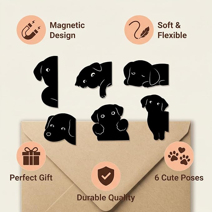 Magnetic Dog Bookmarks – 6Pcs Cute Black Labrador Puppy Book Markers for Dog Lovers - Dog Mom Gifts for Women - Bookish Gifts for Book Lovers - Page Markers for Reading Journal Planner