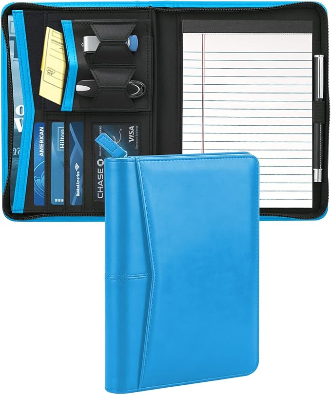 Junior Padfolio/Resume Portfolio Binder with Refillable Lined Notepad, A5 Padfolio Folder, Business Portfolio, Multi-Function Case, A5 Writing Pad Included,Blue.