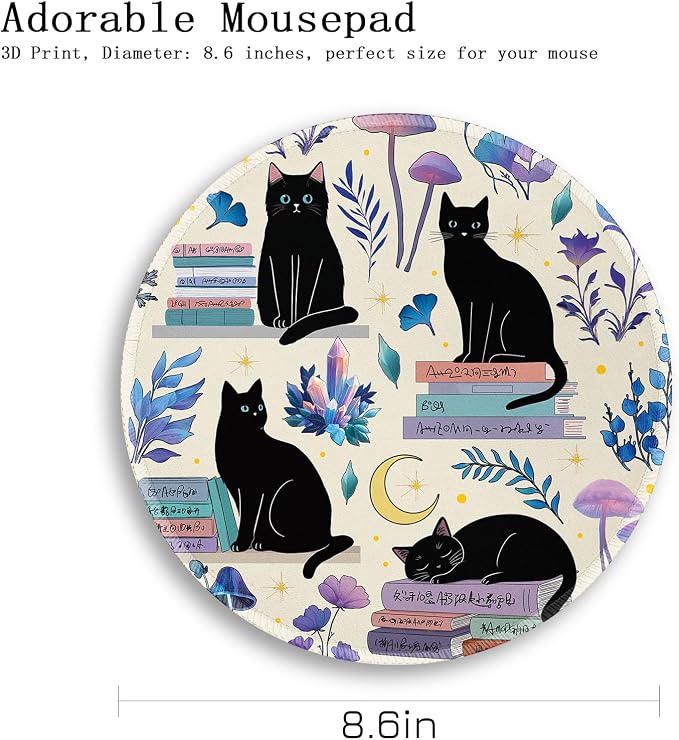 Gctriki Cute Black Cat Mouse Pad, 8.6" Round Funny Mousepad with Stitched Edge & Non-Slip Base, Comfortable Mouse Pads for Computer Laptop, Unique Office Decor & Home Desk Accessories Cat Book Lovers