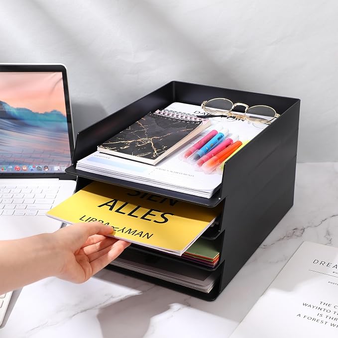Wenqik 8 Pcs Stackable Paper Trays Rectangular Plastic Desk Holder Desktop Document File Organizer Storage Letter for Office Classroom (Black)