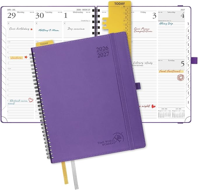 POPRUN Planner 2026-2027 (Large - 8.5'' x 10.5'') Academic Weekly Calendar (July 2026 - June 2027) with Hourly Time Slots, Monthly Tabs, 100GSM Thick Papers, Spiral Leather Cover - Purple