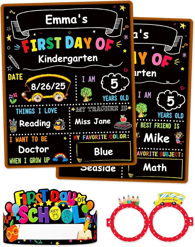 D4DREAM First Day of School Chalkboard Sign - 13.5''x10.5'' Double-Sided 1st First and Last Day of School Board with Paper Crown & Glasses Back to Schools Supplies for Kids Kindergarten