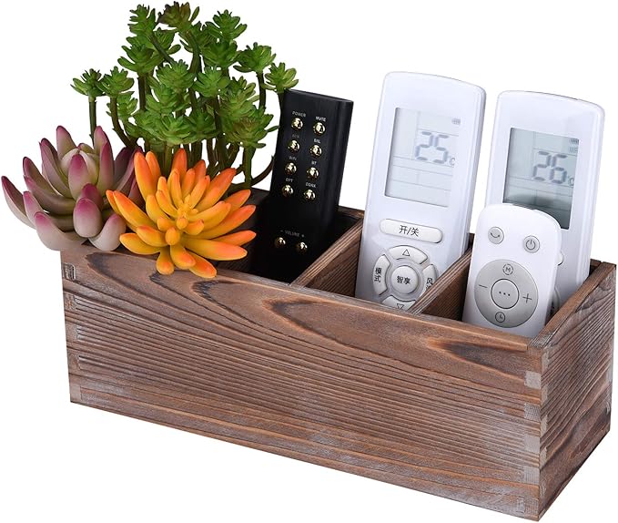 WuGeShop Wood Remote Control Holder 4 Compartments, Rustic Wooden Table Remote Caddy, Multi-use Desktop TV Remote Storage Organizers for Controller, Phones, Stationery, Office Supplies