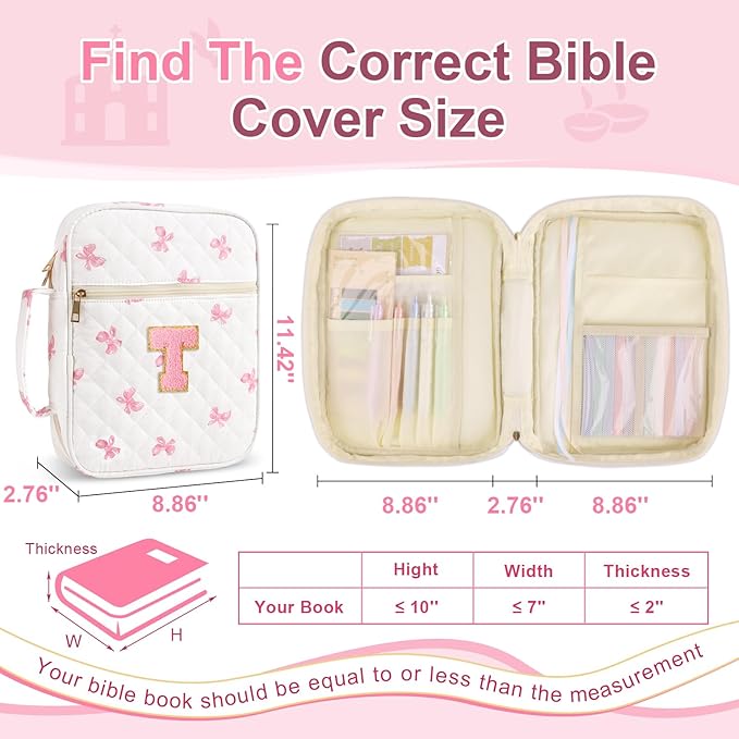 Personalized Initial Bible Cover Case for Women Girls Kid - Large Quilted Bible Case with Handle, Stylish Chenille Letter Bag Study Supplies, Perfect Christmas Gifts for Christians Women (Pink Bow-T)