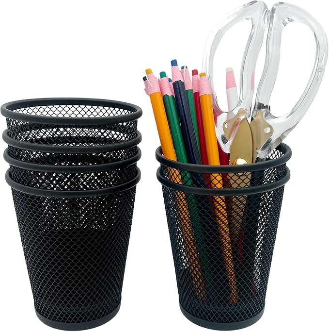 6 Pack Wire Mesh Pen Holder Set – Black Metal Pencil Cups for Desk Organizer, Office & Home Accessories